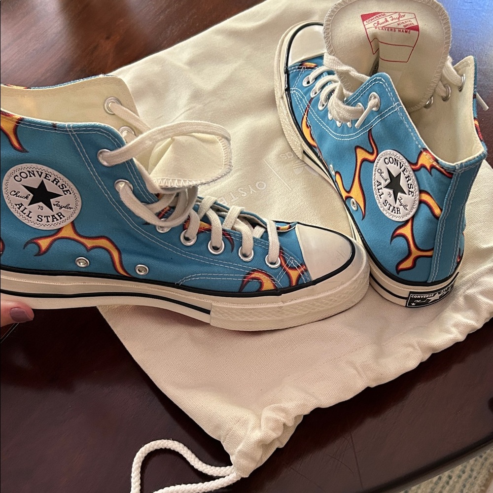 Converse Blue and Orange Flame High-Tops (NEW) Woman’s 8.5 Le Fleur. NEVER WORN.